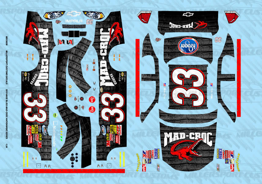Millersport Customs 2010 Mike Bliss Mad Croc Nationwide Series Chevy Impala 1/24 Decal Set