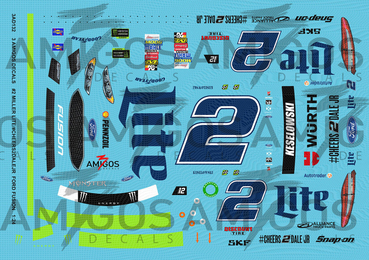 3 Amigos Decals #2 Miller Lite #Cheers Dale Jr Ford Fusion 1:24 NEON Decal Set